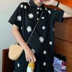Short-sleeve Floral Mini Polo Dress Black - One Size