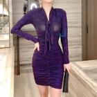 Long-sleeve Tie-neck Mesh Mini Bodycon Dress