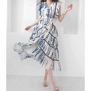 Ruffle-sleeve Patterned Tiered Dress With Cord