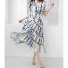 Ruffle-sleeve Patterned Tiered Dress With Cord