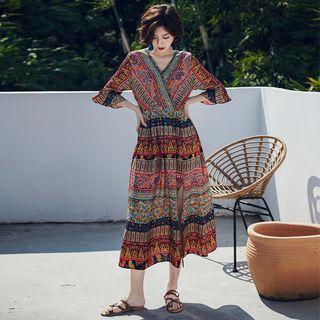 3/4-sleeve Patterned Slit Midi Dress