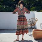 3/4-sleeve Patterned Slit Midi Dress