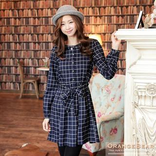 Long-sleeve Tie-waist Check Dress