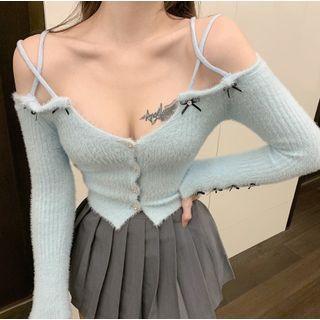 Long-sleeve Off-shoulder Bow-accent Knit Top