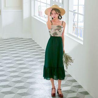 Spaghetti Strap Embroidered Panel Midi A-line Dress