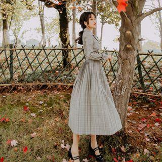 Long-sleeve Notch Lapel Plaid Midi A-line Dress