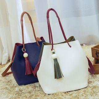 Faux Leather Bucket Bag Wine Red & Blue - One Size