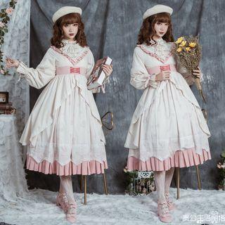 Flower Print Long-sleeve Ruffled Midi A-line Dress