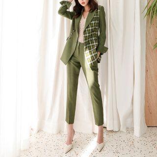 Set: Plaid Panel Blazer + Cropped Straight-fit Pants