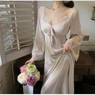 V-neck Lace Trim Long-sleeve Sleep Dress