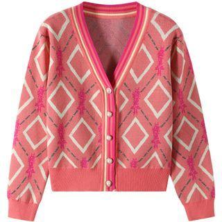 Argyle Cropped Cardigan Tangerine Red - One Size
