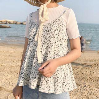 Set: Short-sleeve Top + Spaghetti Strap Floral Print Top