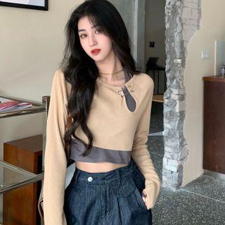 Long-sleeve Safety Pin Cutout Cropped T-shirt / Halter Top