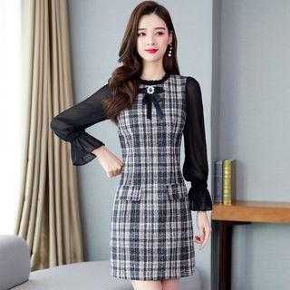 Mesh Sleeve A-line Mini Tweed Dress