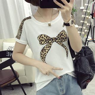 Leopard Print Bow Short-sleeve T-shirt