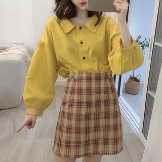Plain Long-sleeve Shirt / Plaid Mini Pencil Skirt