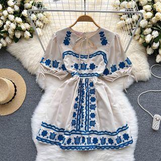 Puff-sleeve Round-neck Embroidered Cutout Dress Almond - One Size