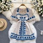 Puff-sleeve Round-neck Embroidered Cutout Dress Almond - One Size