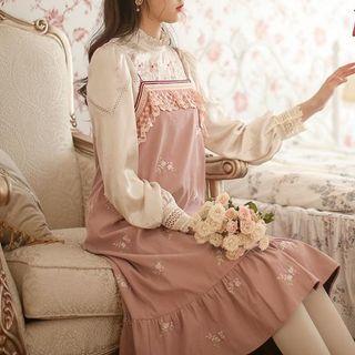 Puff-sleeve Floral Blouse / Spaghetti Strap Dress