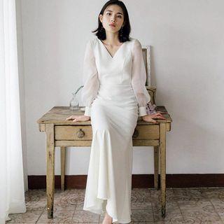 Long-sleeve V-neck Midi Sheath Cocktail Dress