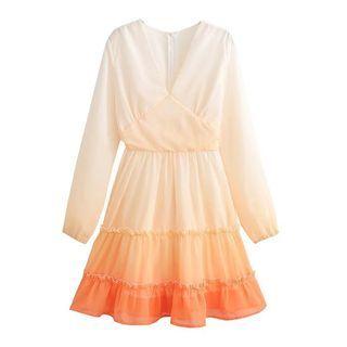 Puff-sleeve Ombre A-line Dress