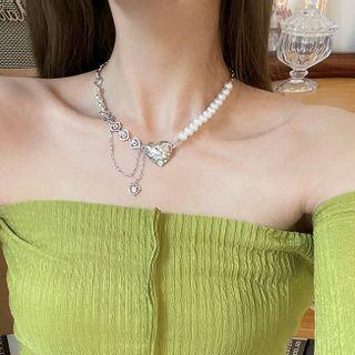 Heart Pendant Faux Pearl Necklace Silver - One Size