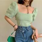 Puff-sleeve Square Neck Top Light Green - One Size
