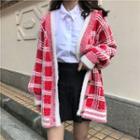 Plaid Long-sleeve Open Knit Cardigan