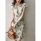 Short-sleeve V-neck Flower Print Midi Dress