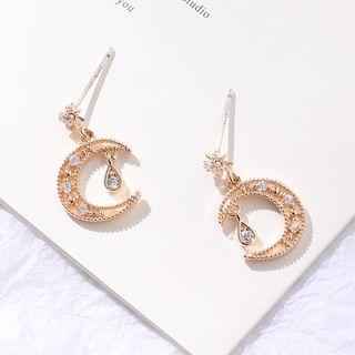Rhinestone Crescent Earring S925 Silver Needle - 1 Pair - One Size