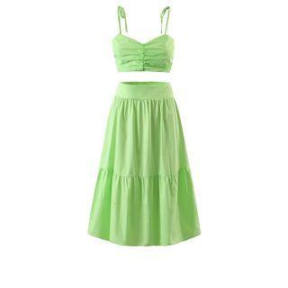 Set: Shirred Crop Camisole Top + Midi A-line Skirt