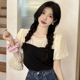 Puff-sleeve Crew Neck Panel Blouse