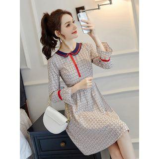 Patterned Long-sleeve Collared A-line Dress