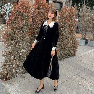 Long-sleeve Doll-collar Button-up Midi Dress