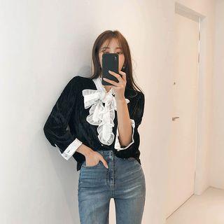 Beribboned Frilled Velvet Blouse Black - One Size