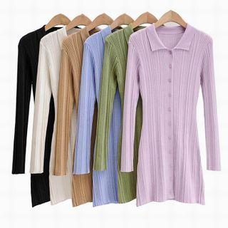 Long-sleeve Buttoned Knit A-line Dress