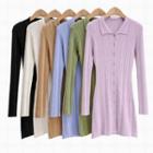 Long-sleeve Buttoned Knit A-line Dress