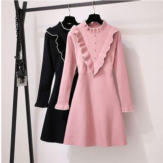 Long-sleeve Ruffle Trim Mini A-line Knit Dress