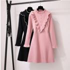 Long-sleeve Ruffle Trim Mini A-line Knit Dress