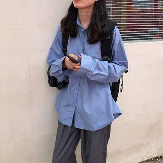 Front Pocket Long-sleeve Plain Shirt Blue - One Size