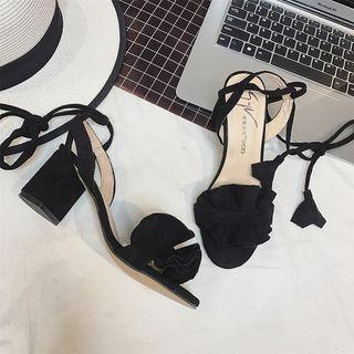 Ruffled Faux-suede Lace-up Block-heel Sandals