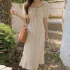 Puff Sleeve Square Neck Plain Ruched A-line Dress