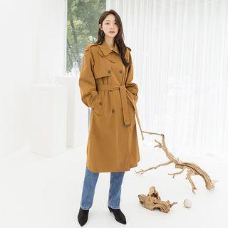 Double-breasted Pleated-sleeve Trench Coat Brown - One Size