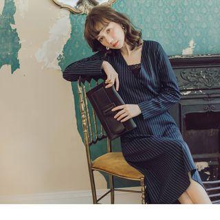 V-neck Striped Long Sleeve A-line Dress
