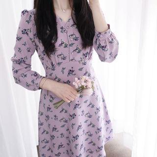 Button-front Floral Print A-line Dress