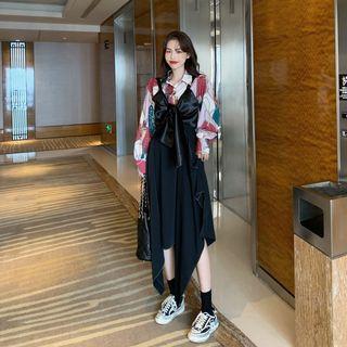 Long-sleeve Printed Shirt / Asymmetric A-line Midi Skirt / Sleeveless Ribbon Cropped Top / Set