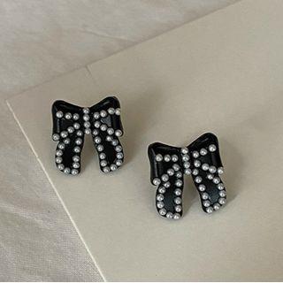 Bow Faux Pearl Earring 1 Pair - Silver Needle - Black - One Size
