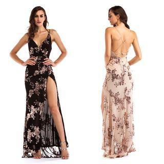 Sequined Open Back Maxi Sheath Dress