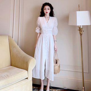 Elbow-sleeve Button Midi A-line Lace Dress