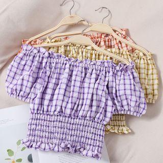 Plaid Off-shoulder Puff-sleeve Cropped Blouse